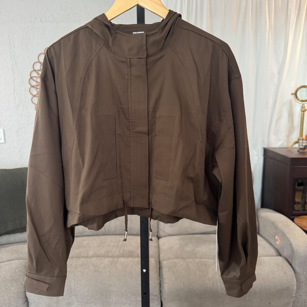 Girlfriend Collective NWT Windbreaker Medium Brown Cropped Hooded Jacket Zipper